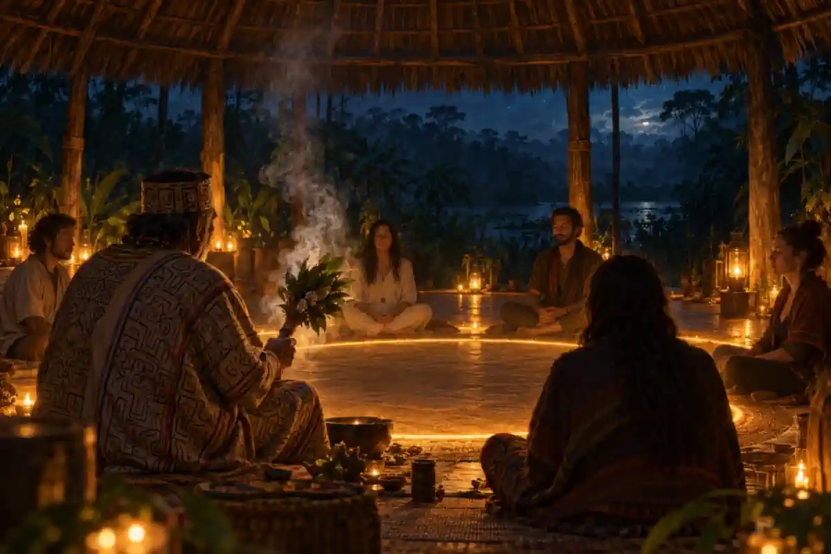Illustration of a Shipibo healer in a patterned robe holding a leaf rattle beside a glowing golden circle, with participants seated around it in a candlelit maloca at night