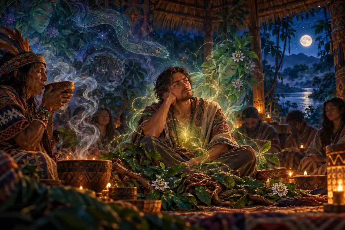 Illustration of a man sitting thoughtfully in a candlelit maloca during an ayahuasca ceremony, with a healer drinking from a cup beside him and faint jungle spirits overhead