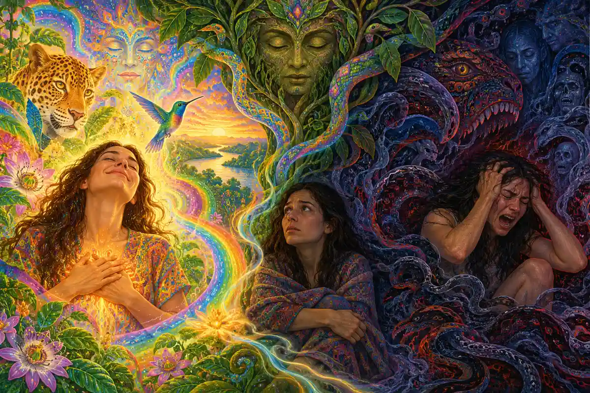 Illustration of three women moving from distress among dark shapes, to quiet reflection, to joy in warm light beneath a forest spirit and a hummingbird