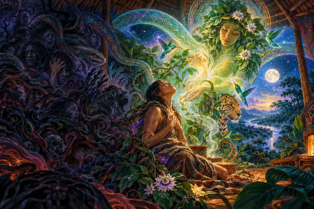 Illustration of a woman in an ayahuasca ceremony surrounded by dark, tangled shadow figures, turning toward a glowing forest spirit offering light