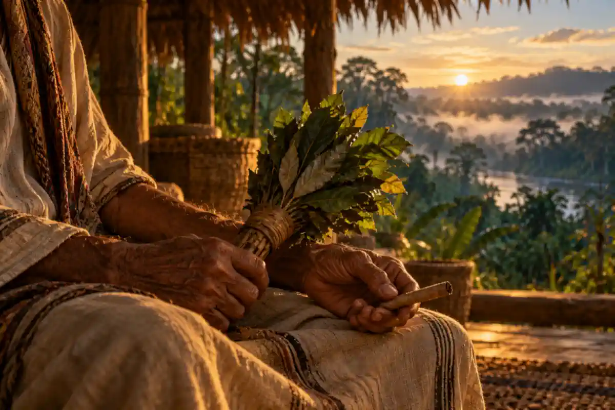 The weathered hands of an experienced ayahuasca healer holding a leaf rattle at dawn.