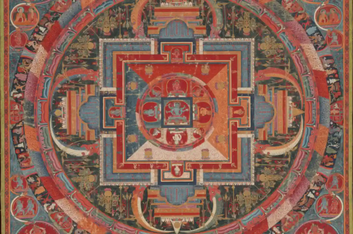 Buddhist mandala in red, gold and dark green patterns