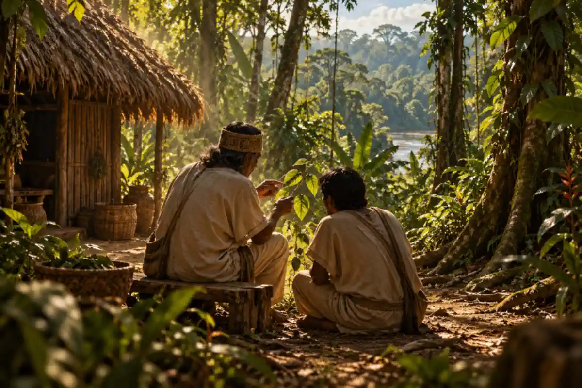 An older Amazonian healer teaching a younger apprentice about plants in a rainforest clearing.