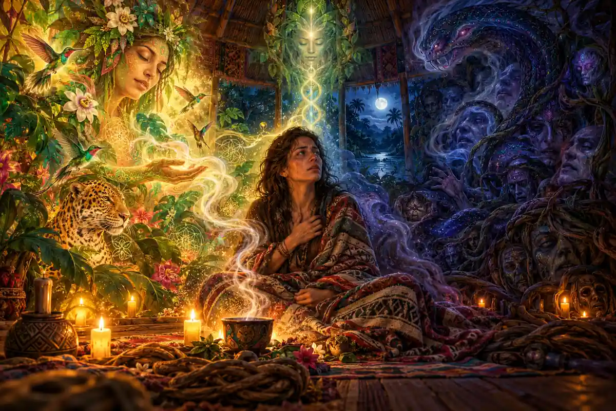 Illustration of a woman seated in a maloca between a bright, flowering forest spirit on one side and dark shadowy figures on the other, a candlelit ceremony bowl in front of her