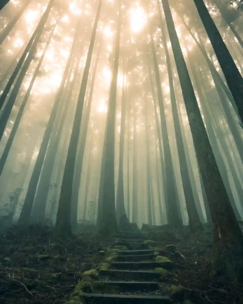 sun shining through forest trees onto old, stone steps