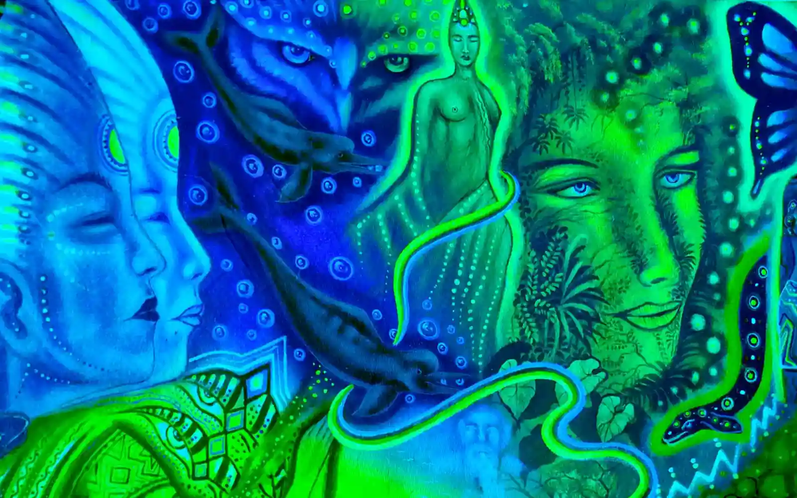 Vibrant psychedelic art in neon blue and green, featuring multiple faces, figures, a jaguar, and intertwined nature elements