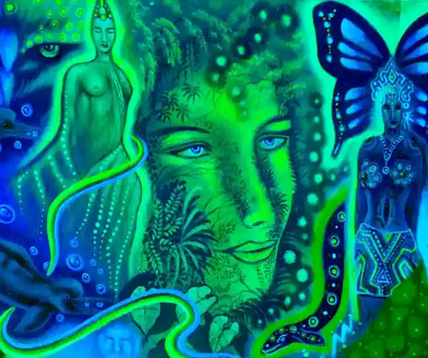 Teal and green painting of ayahuasca visions featuring a woman's face and butterfly