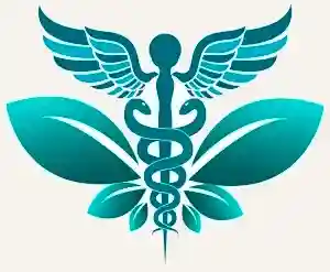 Teal caduceus symbol with a winged figure, two snakes on a staff, and stylized leaves forming a base.