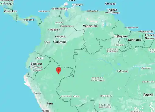 Google maps showing Quito, Guayaquil, and neighboring parts of Peru, Colombia, and Brazil, with Iquitos and Leticia highlighted.