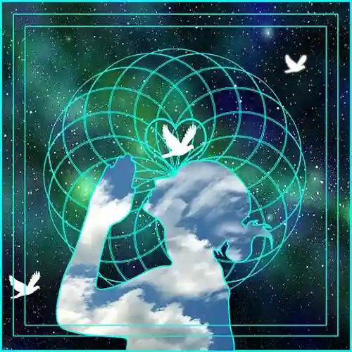 Cloud-filled person silhouette against a starry galaxy, with teal sacred geometry and white doves, one rising from a heart.