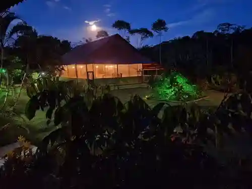 Tropical lodge at night with a large building, illuminated interior, full moon, and green-lit plants