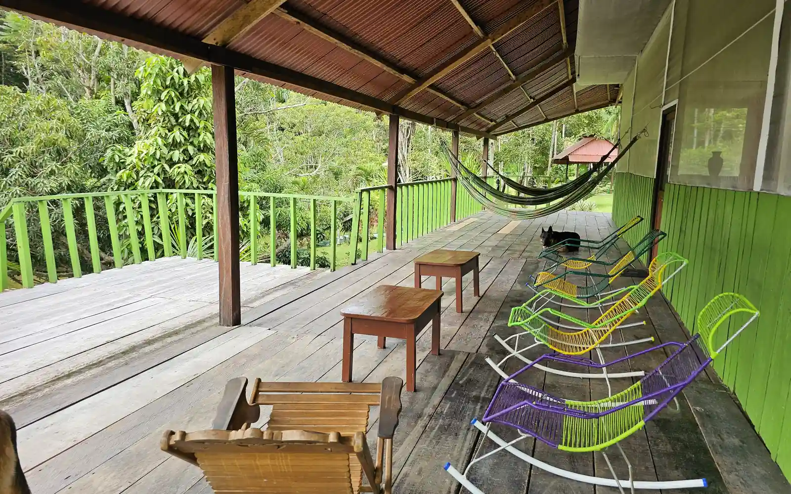 A covered wooden porch with a hammock, wooden stools and a row of green, yellow and red rope rocking chairs, looking out to jungle.