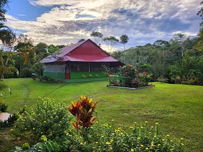 The hall with its red roof across a mown lawn in early morning light, with yellow flowers and a red cordyline in the foreground.