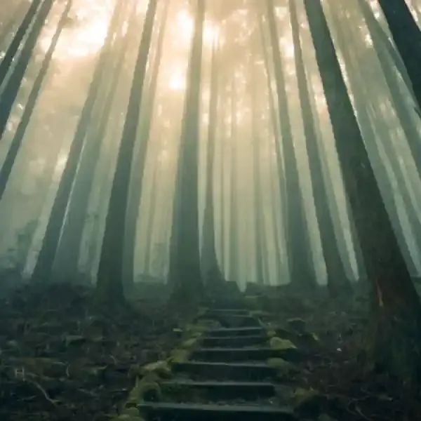 sun shining through forest, stone steps leading up a hill.