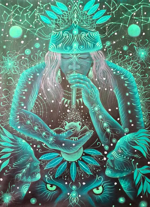 Glowing teal painting of a shamanic figure blowing into a tube, energizing a frog, surrounded by cosmic patterns and mystical faces.